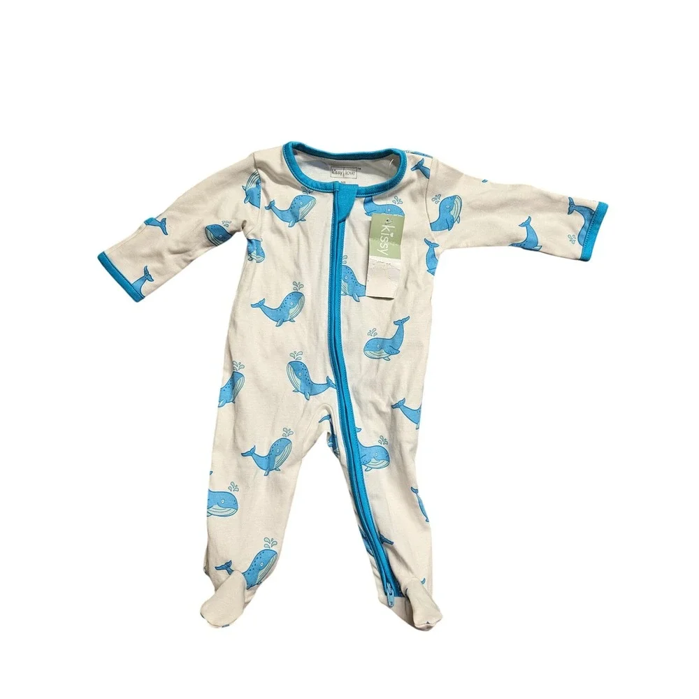 Kissy Love Newborn Blue Whale Print Pima Cotton Zip Footie Sleeper XWHALANTIC